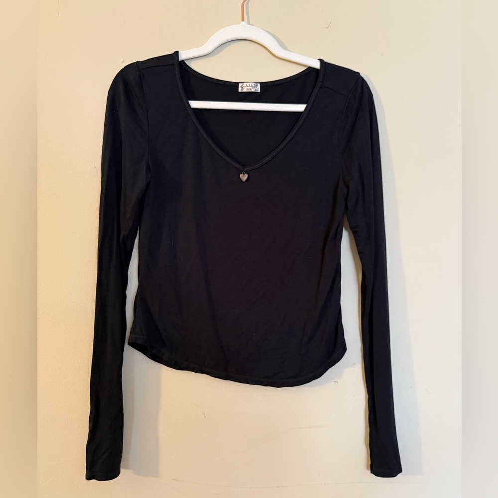 Free People Black Long Sleeve V-Neck Top